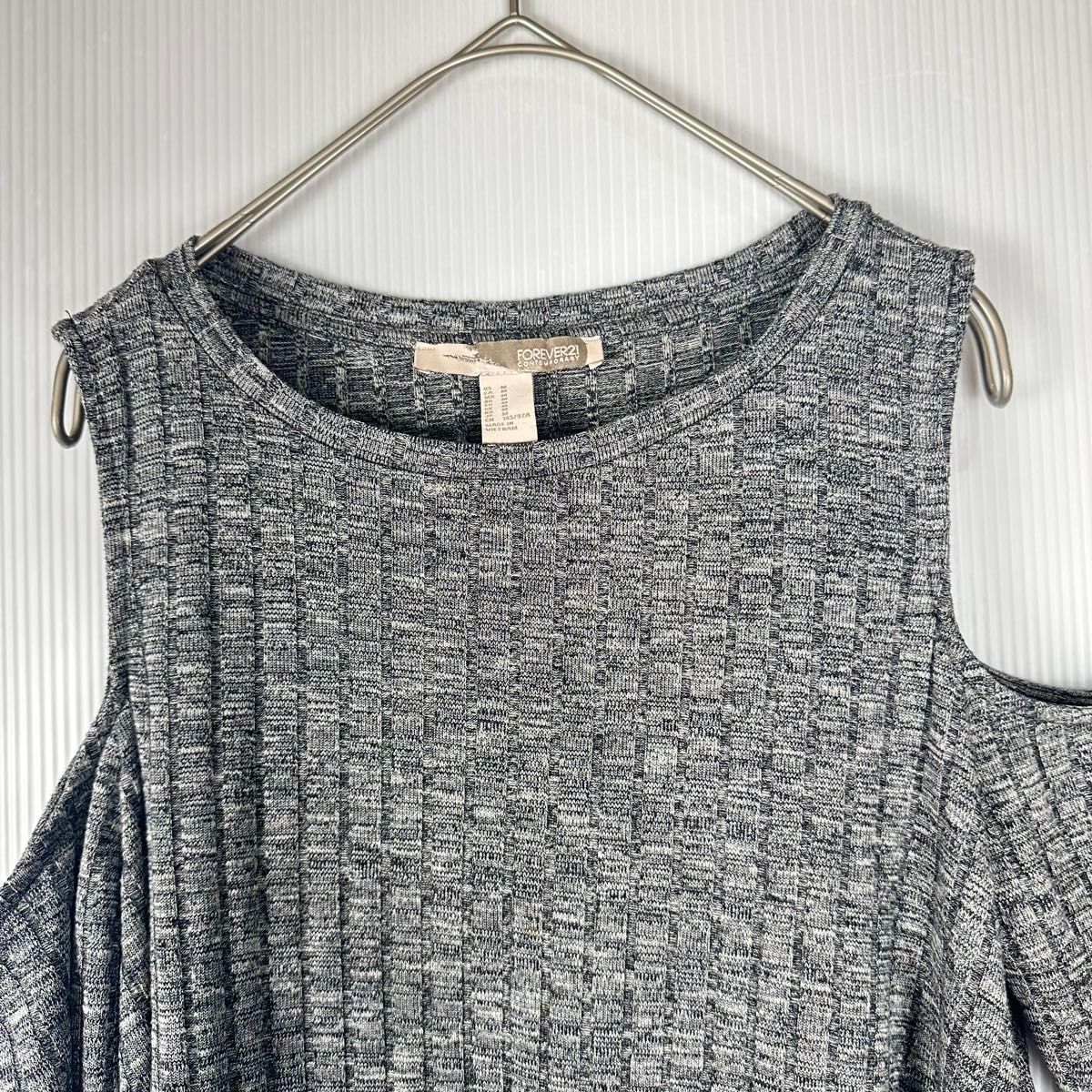 FOREVER21 チュニック　Tシャツ オフショルダー　リブ編み七分袖 グレー Mサイズ　ヒップカバー