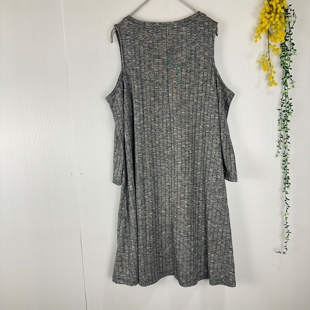 FOREVER21 チュニック　Tシャツ オフショルダー　リブ編み七分袖 グレー Mサイズ　ヒップカバー