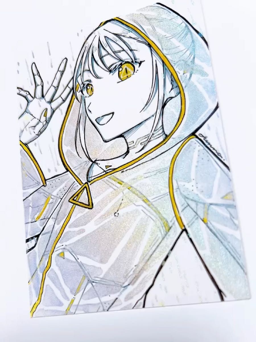 手描きイラスト オリジナル 創作 原画 ドローイング 黄色 レインコート 雨