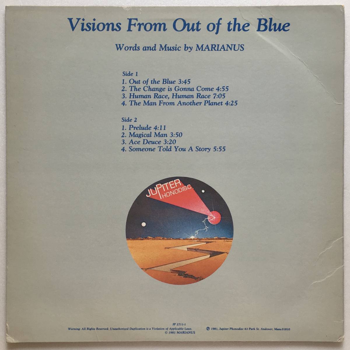 MARIANUS「VISIONS FROM OUT OF THE BLUE」US ORIGINAL JUPITER PHONODISC JP 2711-1 '81 RARE US PROGRESSIVE ROCK with INNER SLEEVE - 1