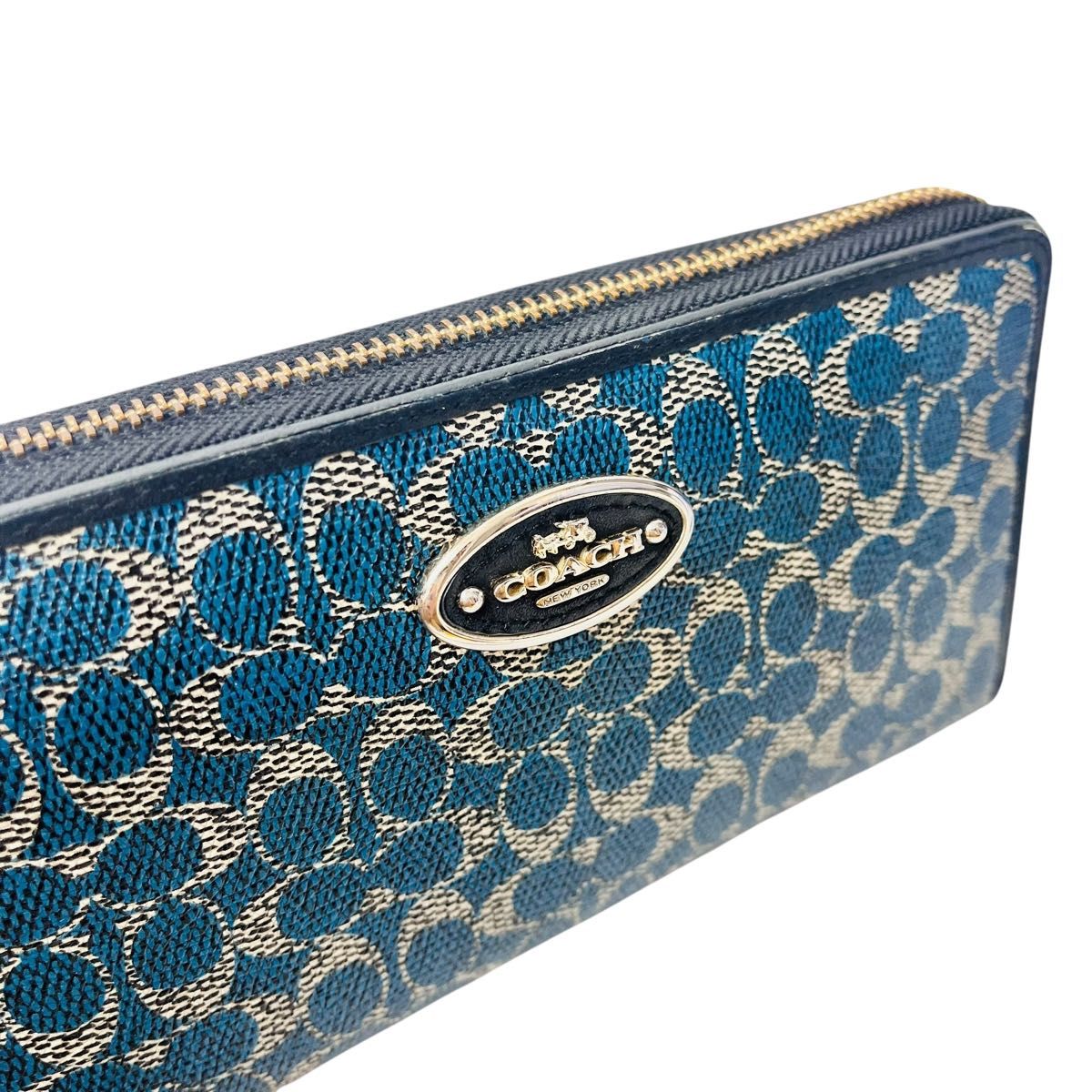 コーチ ラウンドファスナー長財布 シグネチャー PVC COACH コーチ 長財布 ラウンドファスナー PVC シグネチャー 青