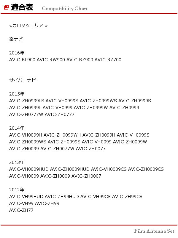 ■□ AVIC-VH0999S カロッツェリア 地デジ フィルムアンテナ 両面テープ 取説 ガラスクリーナー付 送料無料 □■_適合表 フィルムアンテナ