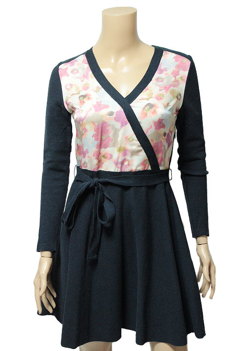 Chesty Chesty beautiful goods size 0 silk . navy knitted floral print flower One-piece ribbon belt attaching lady's woman 
