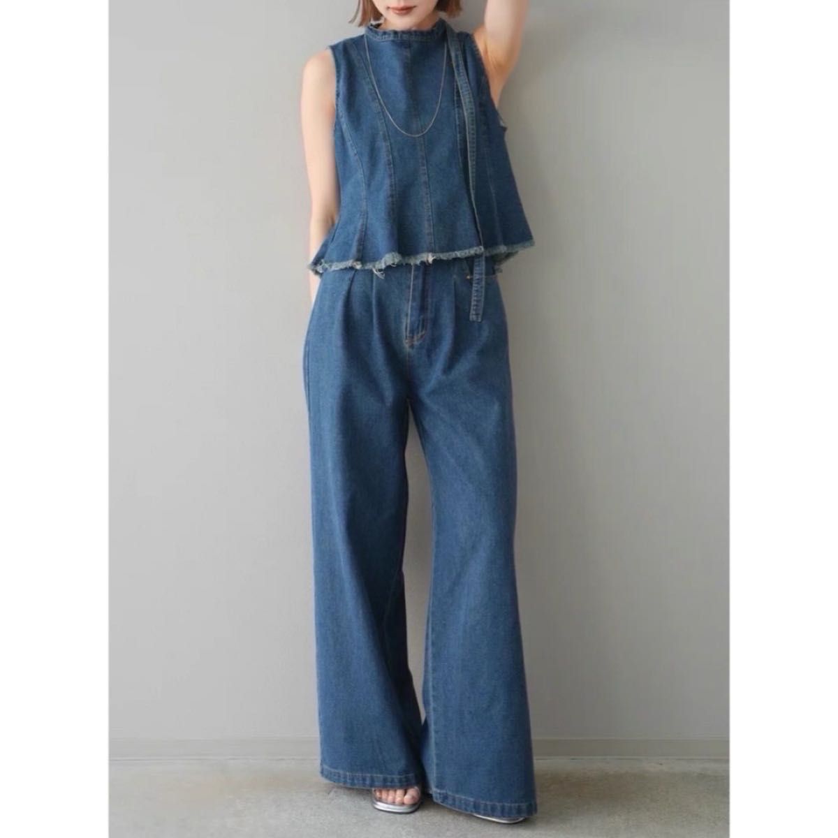 デニム パンツ ノースリーブ セットアップ リゾート 8/17までフォローで100円引き】 デニム ノースリーブトップス