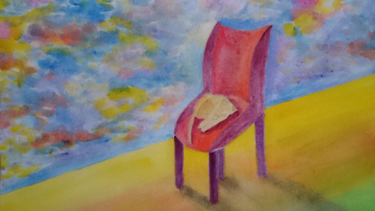 B5サイズオリジナル手描きイラスト プールサイドの赤い椅子で眠る猫_画像1