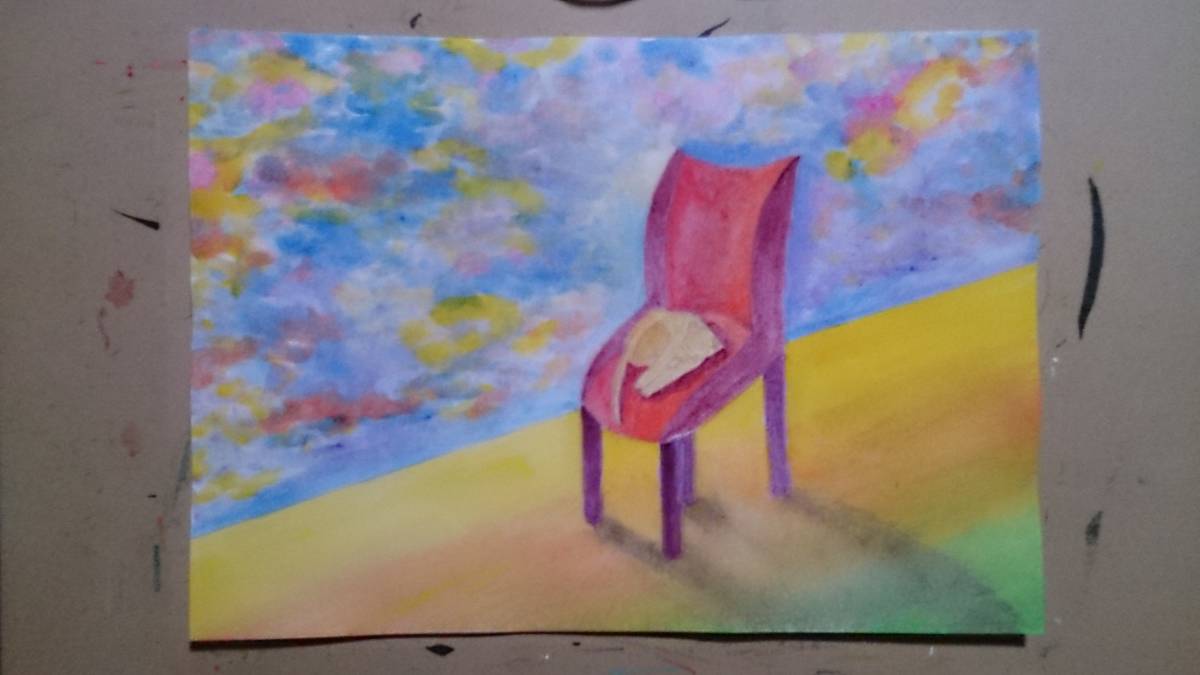 B5サイズオリジナル手描きイラスト プールサイドの赤い椅子で眠る猫_画像2