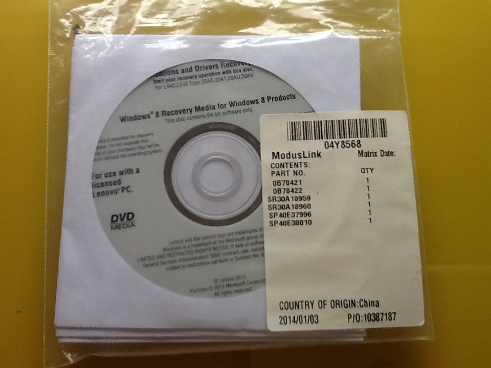 Lenovo L450 L550 Type 20AS 20AT 20AU 20AV for recovery DVD @ unopened 4 sheets set @ Windows8 Pro 64-bit