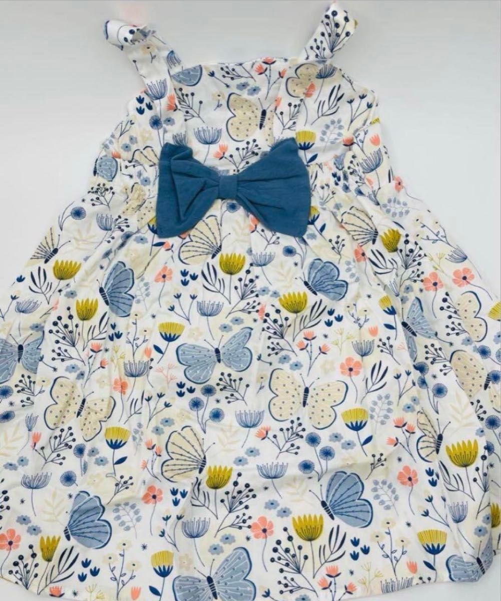 ノースリーブ ワンピース 90cm 花柄 バタフライ 麦わら帽子付き ブルー リゾート服