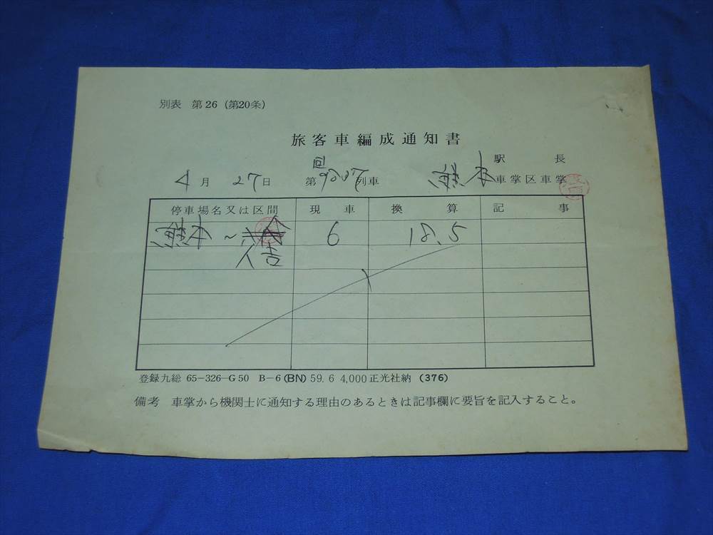 R994ay 国鉄熊本車掌区 旅客車編成通知書_画像1