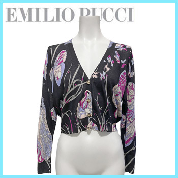  новый товар Emilio Pucci EMILIO PUCCI шелк вязаный кардиган чёрный #M*