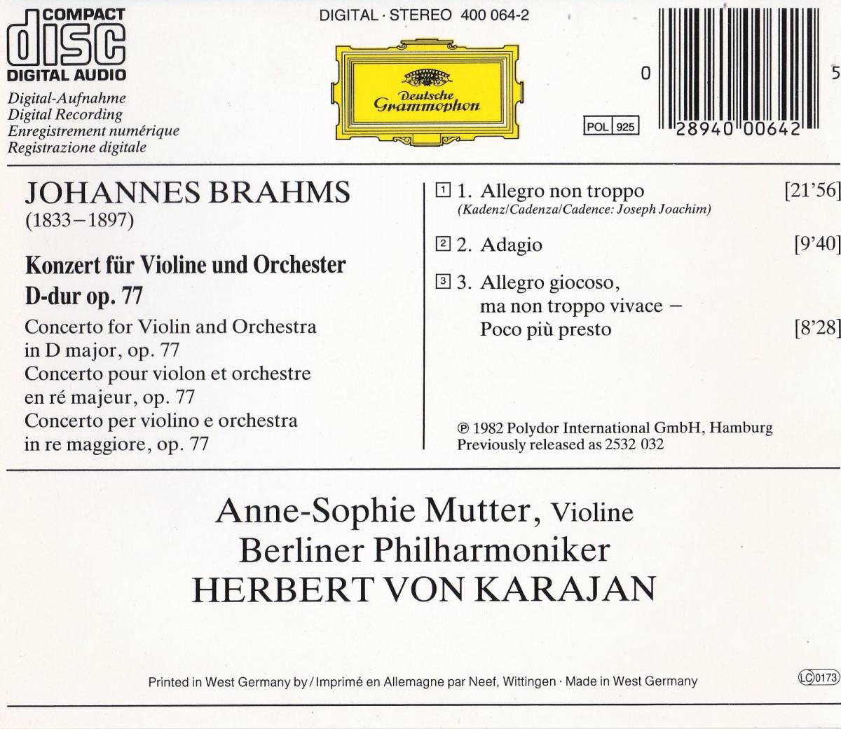 廃盤超希少 初期西独盤 アンネ・ゾフィ・ムター ヘルベルト・フォン・カラヤン ベルリン・フィル ブラームス ヴァイオリン協奏曲 Op.77_画像2
