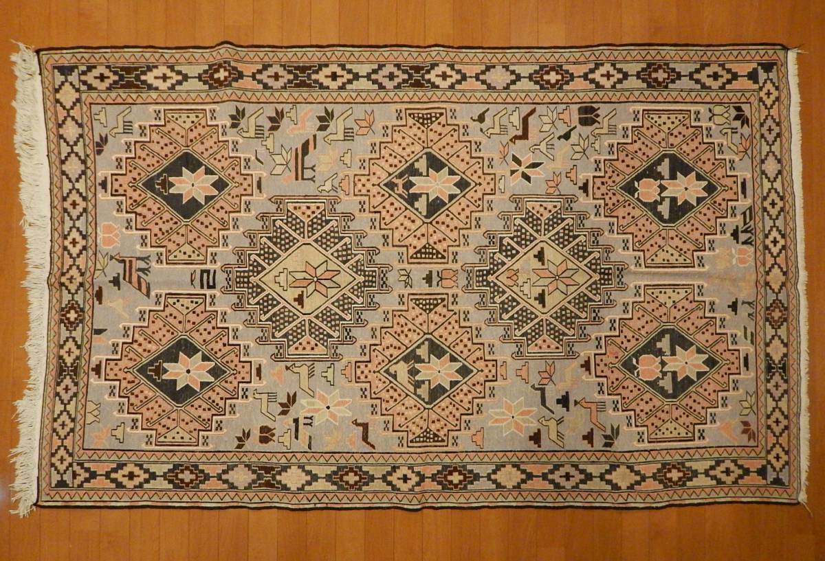 ペルシャ手織りシルクスマックキリム 208X124cm 水色 イラン製 インテリア リビングラグ IRAN SILK SOUMAK KILIM