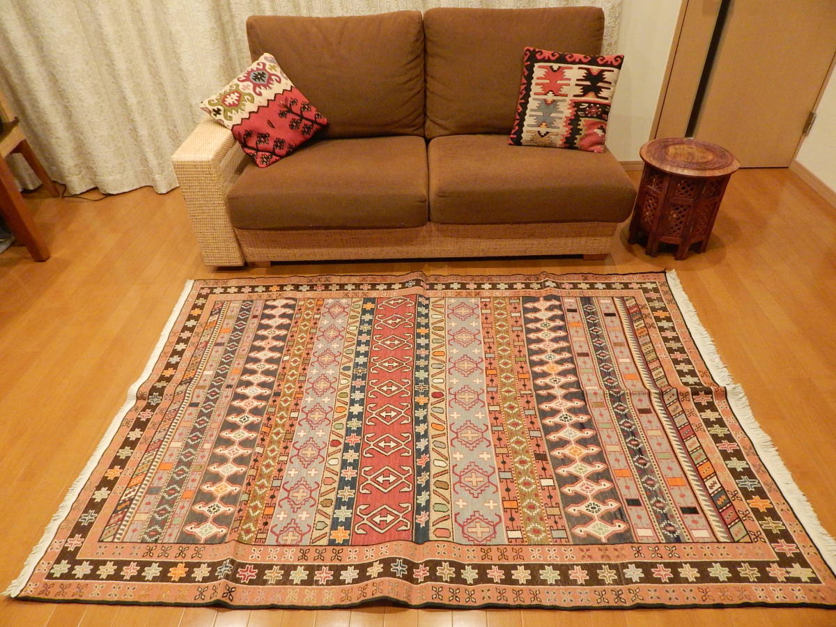 ペルシャ手織りスマックキリム 192X127cm ストライプモチーフ イラン製 インテリア リビングラグ NEW IRAN SOUMAK KILIM