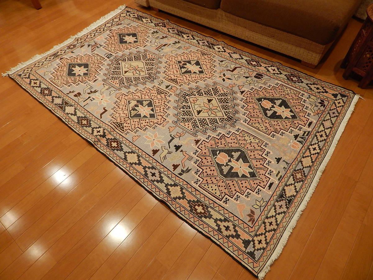 ペルシャ手織りシルクスマックキリム 208X124cm 水色 イラン製 インテリア リビングラグ IRAN SILK SOUMAK KILIM