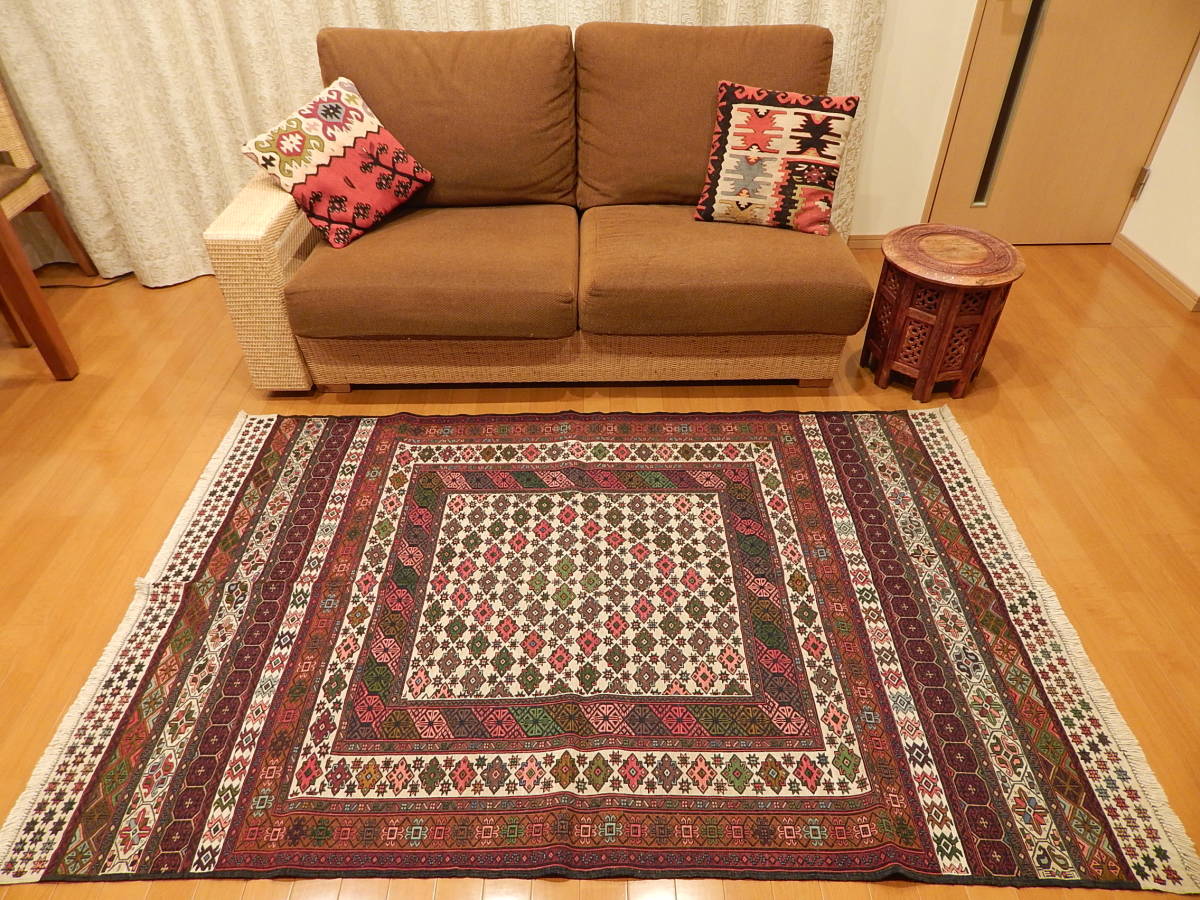 ペルシャ手織りスマックキリム 198X123cm 手織り 草木染 イラン製 インテリア リビングラグ IRAN SOUMAK KILIM_画像2