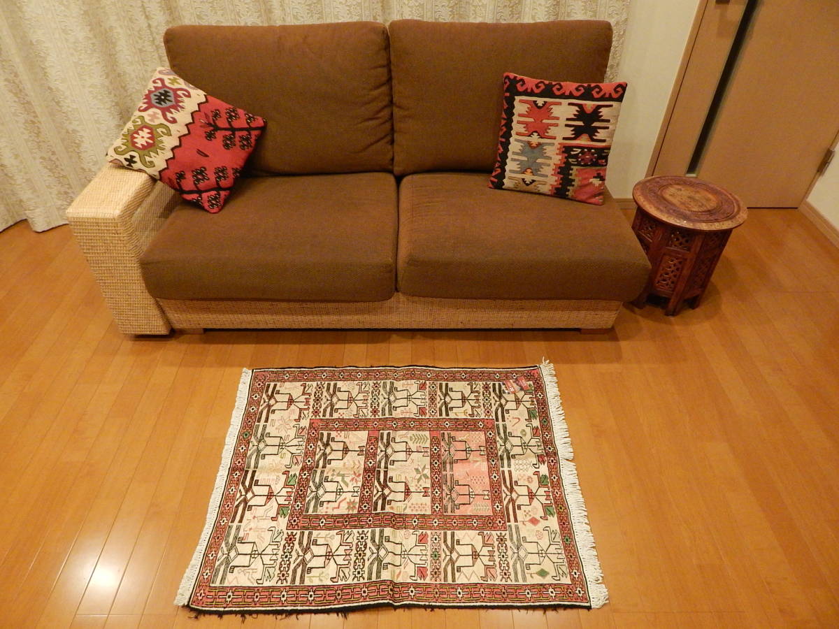 ペルシャ手織りシルクスマックキリム 92X74cm イラン製 インテリア リビングラグ IRAN SILK SOUMAK KILIM