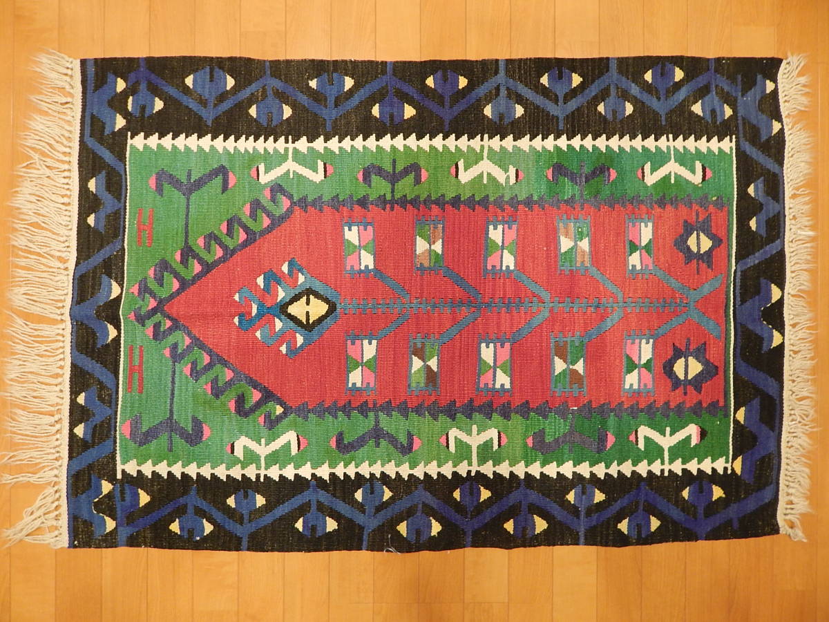 オールドキリム 132X81cm トルコ/エシュメ地方 手織り 草木染 黒/緑