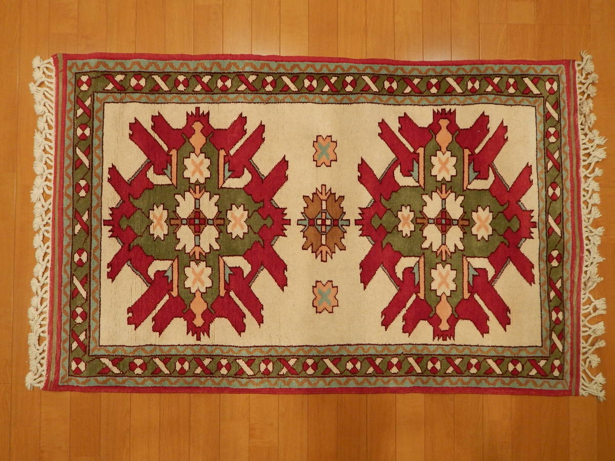 手織りトルコ絨毯 149X87cm ミラス地方 トライバルラグ イーグルモチーフ リビングカーペット グリーン＆レッド トルコ製 MILAS CARPET