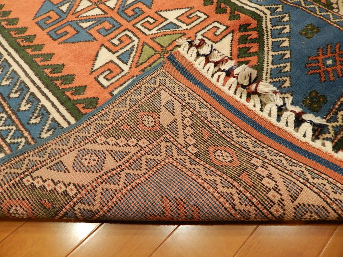 手織りトルコ絨毯 158X97cm ベルガマ地方 トライバルラグ ドラゴンモチーフ リビングカーペット ブルー＆オレンジ&グリーン トルコ製