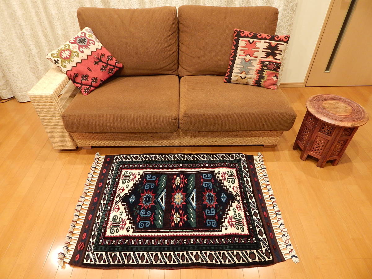 手織りトルコ絨毯 123X81cm ベルガマ地方 トライバルラグ・ヤージベディル 玄関マット カーペット ネイビーブルー＆緑&レッド トルコ製