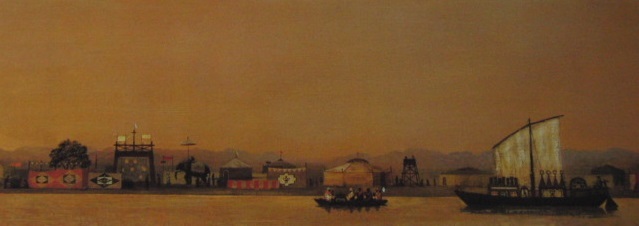 山本明比古、【ガンジス風景(音舟のいく岸辺)】、希少な額装用画集画 山本明比古、【ガンジス風景(音舟のいく岸辺)】、希少な額装用