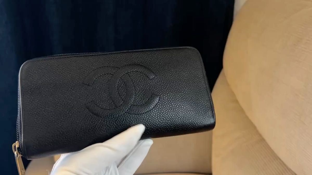 正規品 CHANEL ラウンドファスナー 長財布 キャビアスキン 黒 レザー