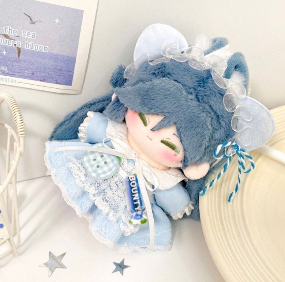 10cm おすわりぬい服 水色 猫耳 推し活 ぬい服 10cm 猫耳 レース ブルー ワンピース ぬいぐるみ服 3点