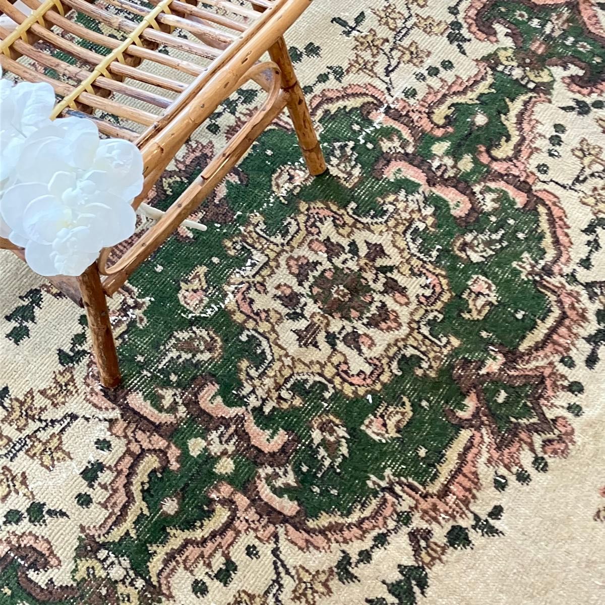 メダリオン113×199カーキ リッチwool グリーン トルコヴィンテージラグ メダリオン113×199カーキ リッチwool グリーン トルコ