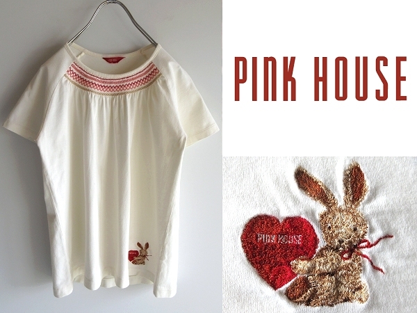 ネコポス対応 PINK HOUSE ピンクハウス ハートうさぎ ラビット刺繍 ニットギャザーTシャツ ラグランカットソー M 白 ホワイト KANEKO ISAO