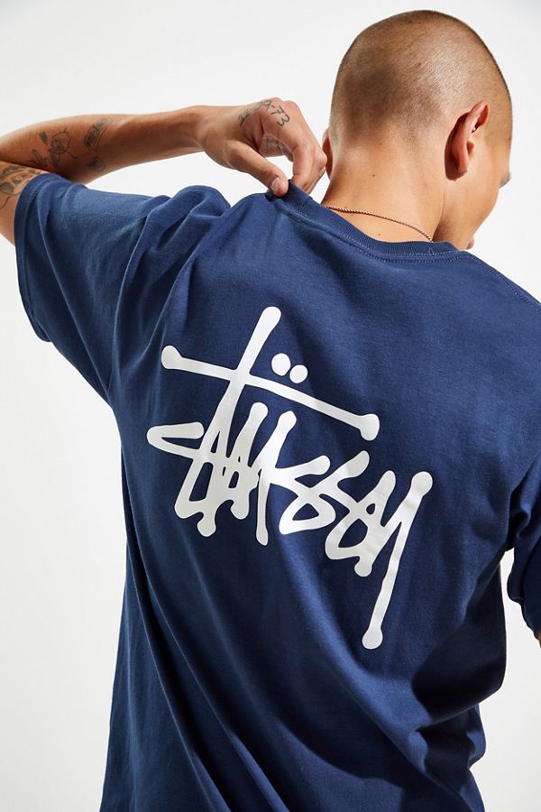 ラスト1 USA正規品 【L】 Stussy ステューシー BASIC ベーシックロゴ ショーンフォント 半袖 Tシャツ 紺 ネイビー コットン100% ストリート_画像3