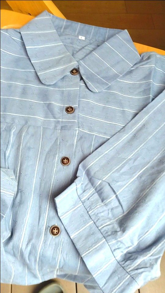 新品 COTTON木綿100% こだわり天然素材 ★くすみブルー ストライプ 地模様フンワリ袖 明日まで500円引き
