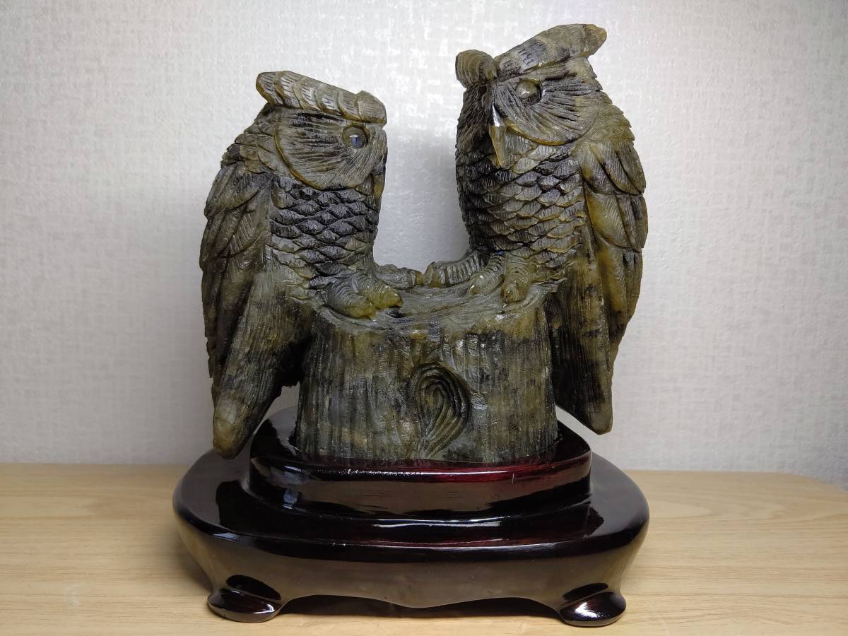 大型・3kg】 ラブラドライト 梟 フクロウ 幸運 風水 彫刻 原石 宝石