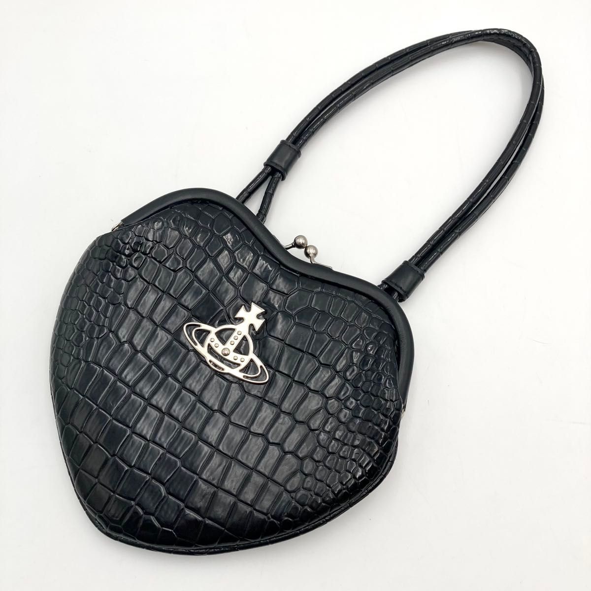 激レア【極美品】Vivienne Westwood ヴィヴィアン ハンドバッグ 黒 オーブロゴ金具 ハート クロコ型押し がま口
