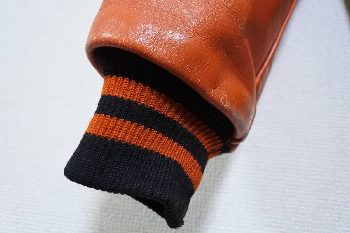60's-70's BUTWIN 袖革スタジャン レザー size 36 オレンジ×ブラック ビンテージ_画像9