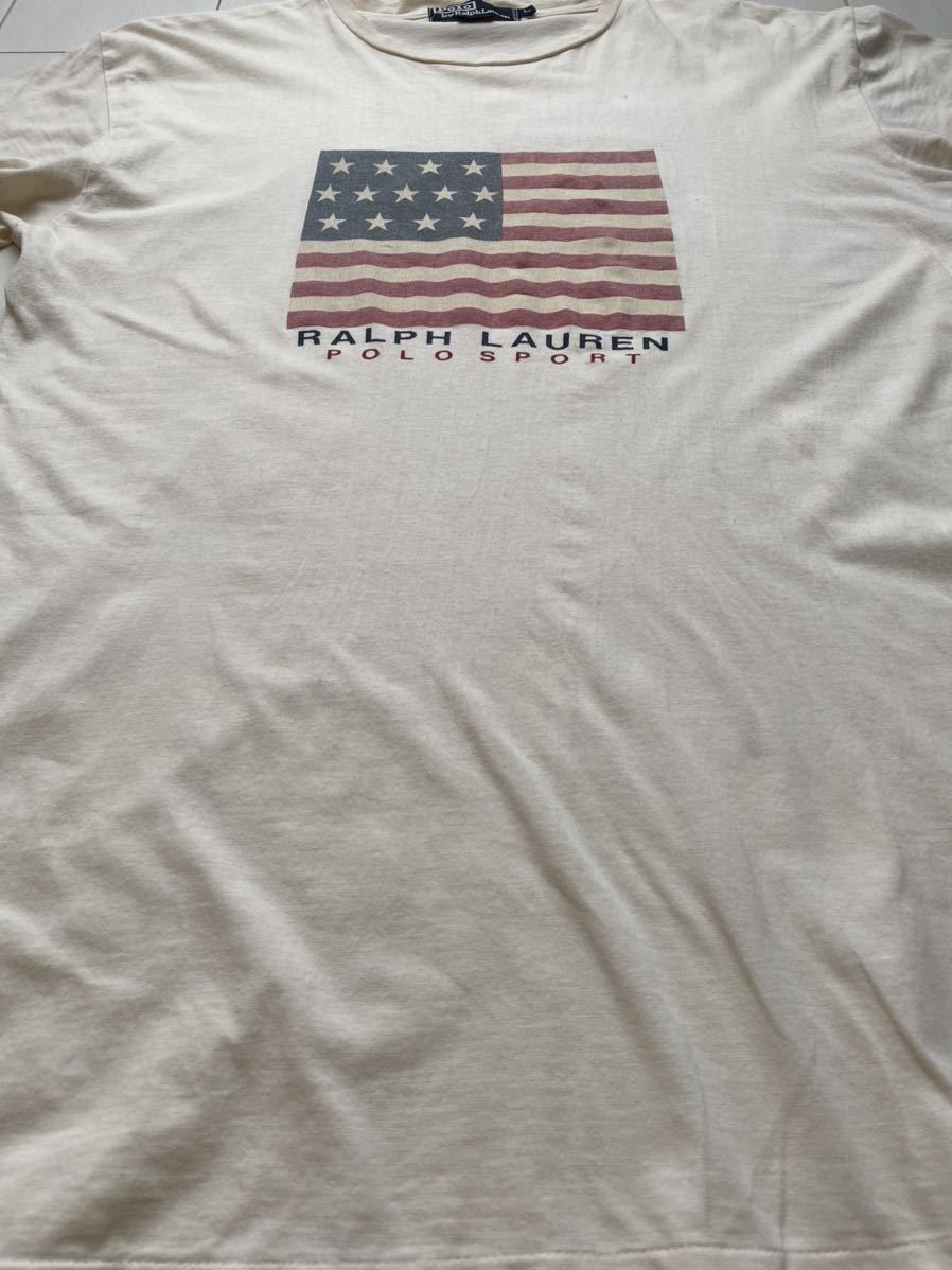 送料無料 90s vintage ビンテージ POLO SPORT ラルフローレン 星条旗 国旗 フラッグ FLAG 白 ホワイトwhite Tシャツ RRL country 92 93 XL