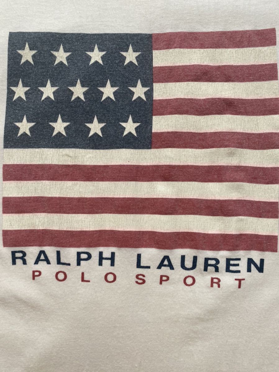 送料無料 90s vintage ビンテージ POLO SPORT ラルフローレン 星条旗 国旗 フラッグ FLAG 白 ホワイトwhite Tシャツ RRL country 92 93 XL