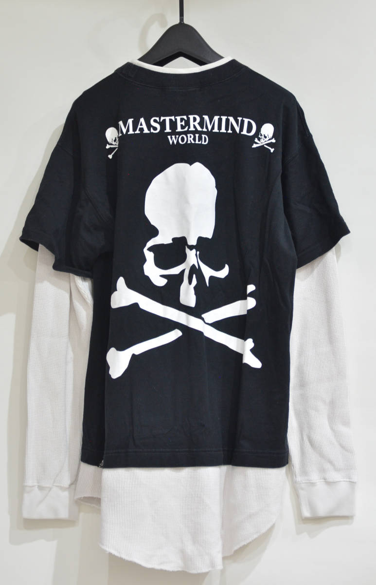 MASTERMIND WORLD マスターマインド バック スカル サーマル レイヤード ロング Tシャツ 黒×白 S Y-281942_画像1