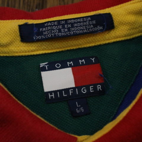 90s TOMMY HILFIGER ポロシャツ L ブルー レッド ロゴ刺繍 半袖 トミーヒルフィガー_画像5