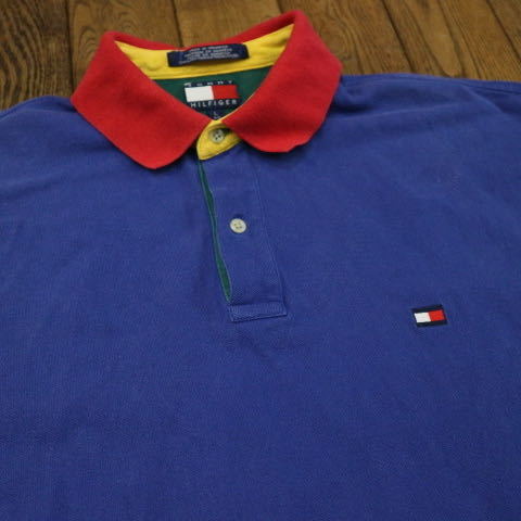 90s TOMMY HILFIGER ポロシャツ L ブルー レッド ロゴ刺繍 半袖 トミーヒルフィガー_画像2