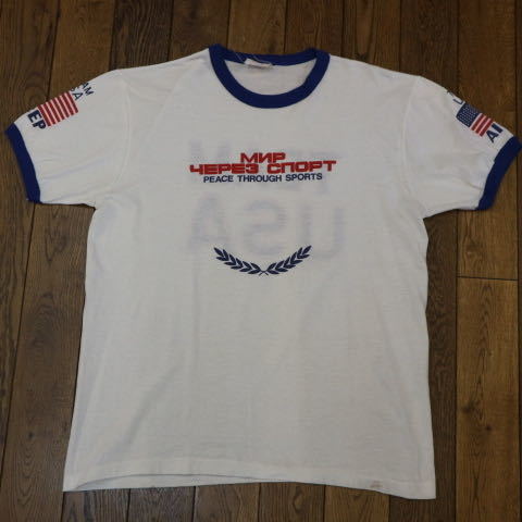 80s TEAM USA AICEP リンガーTシャツ ホワイト ブルー 両面プリント アメリカ フラッグ スポーツ オリンピック Peace ヴィンテージ_画像2