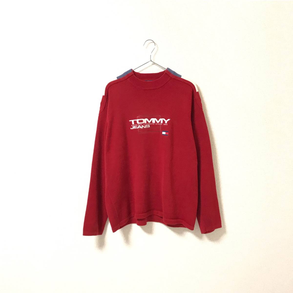 90s★ JEANS トミー トミーヒルフィガー★ロゴ刺繍 コットン ニット セーター 赤 レッド size XL プルオーバー
