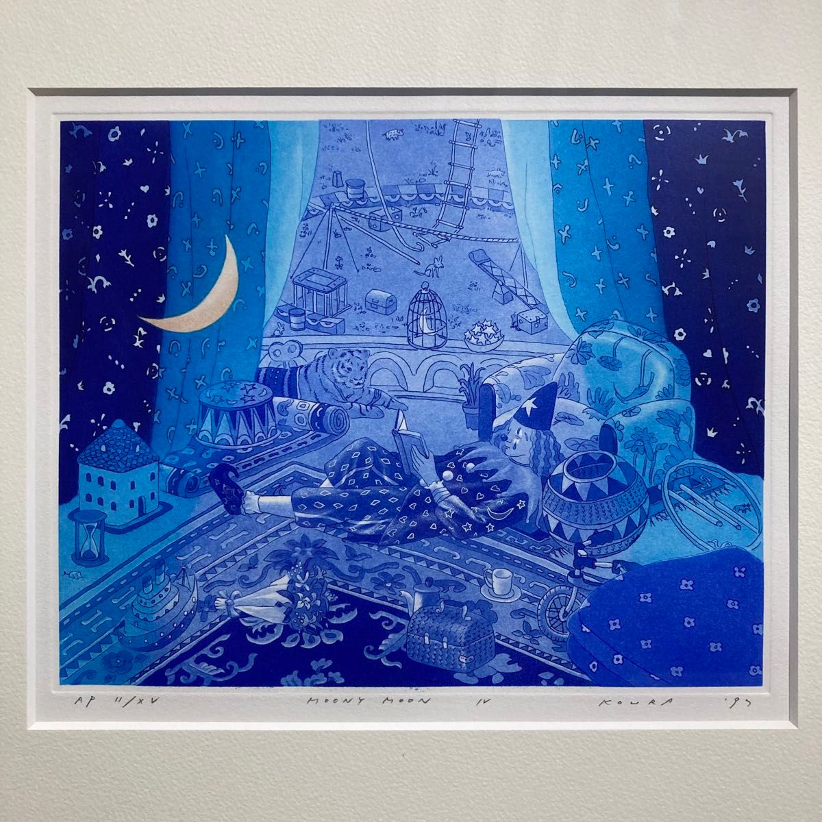 小浦昇 版画 サイン入り ブルー 希少 銅版画 有名 絵画 真作保証】小浦昇「MOONY MOON IV」銅版画 直筆サイン 版画 額装