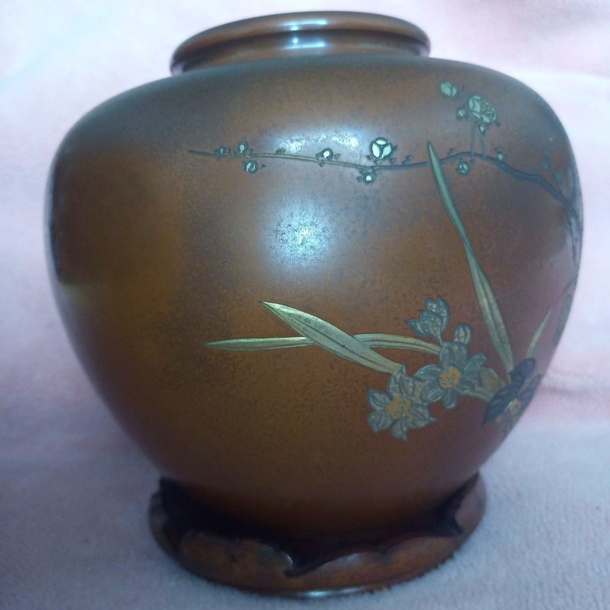 有美 刻 壺 花瓶 梅 牡丹 百合 薔薇 水仙 金属工芸 骨董品 古美術 有美 刻 壺 花瓶 梅 牡丹 百合 薔薇 水仙 金属工芸 骨董品 古