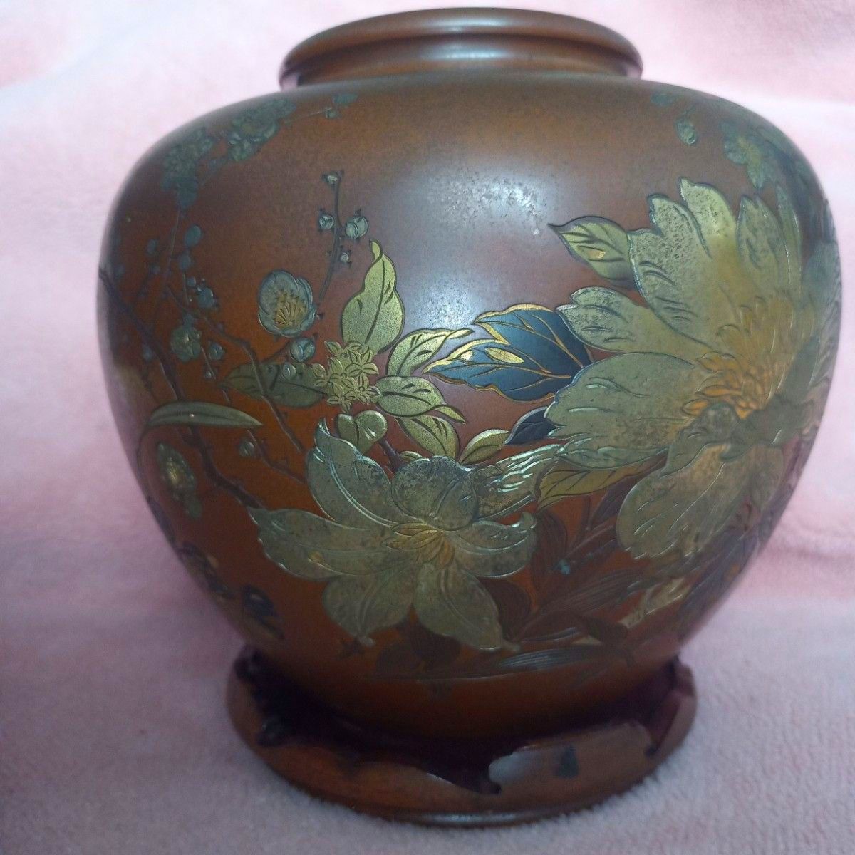 有美 刻 壺 花瓶 梅 牡丹 百合 薔薇 水仙 金属工芸 骨董品 古美術 有美 刻 壺 花瓶 梅 牡丹 百合 薔薇 水仙 金属工芸 骨董品 古