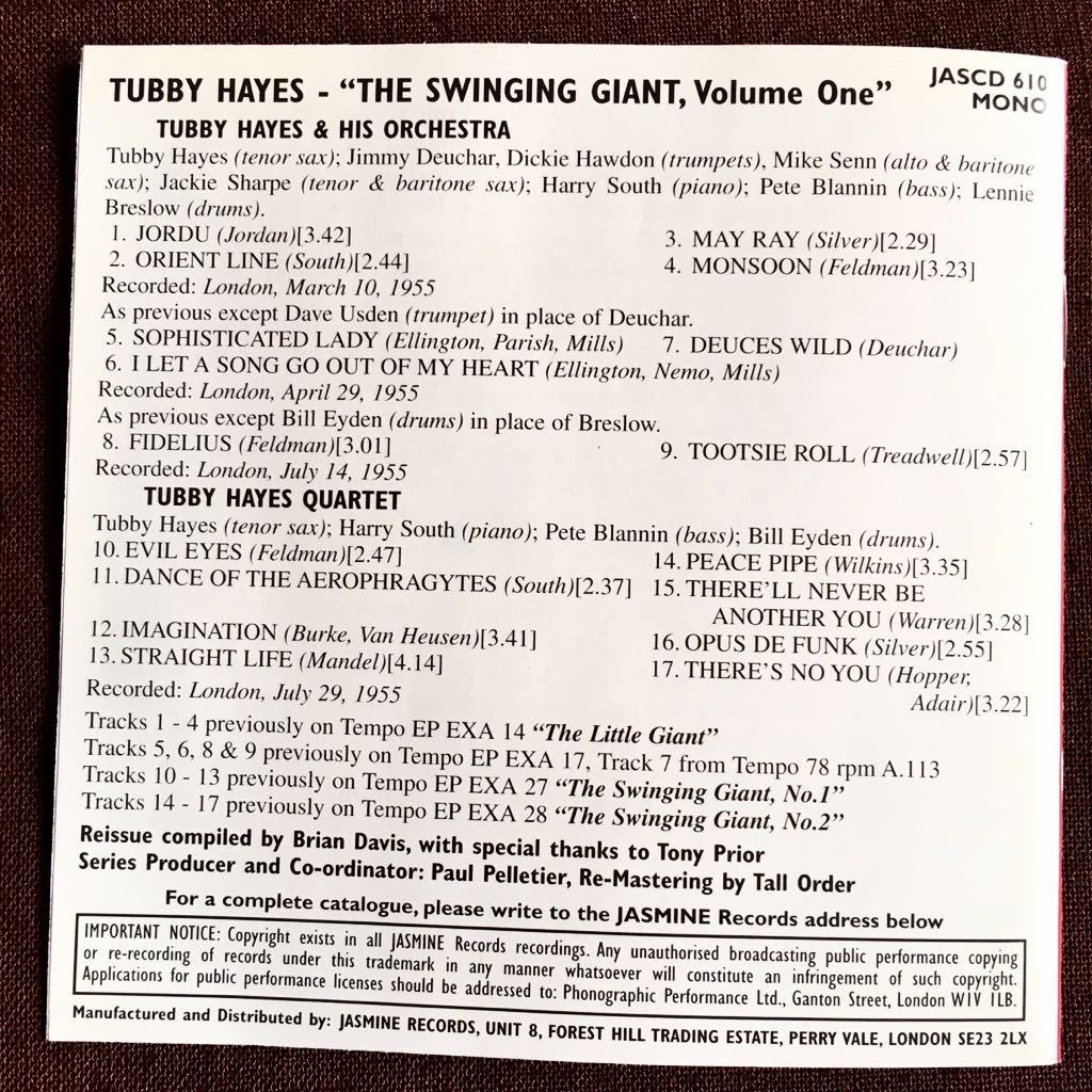 タビー・ヘイズ/TUBBY HAYES/英国ハード・バップ・テナー・サックス名手/ワンホーン・カルテット&ヒズ・オーケストラ/VOL.1/名盤/1955年_画像6