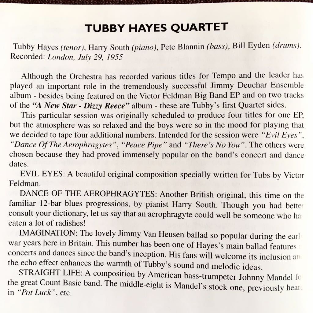 タビー・ヘイズ/TUBBY HAYES/英国ハード・バップ・テナー・サックス名手/ワンホーン・カルテット&ヒズ・オーケストラ/VOL.1/名盤/1955年_画像5