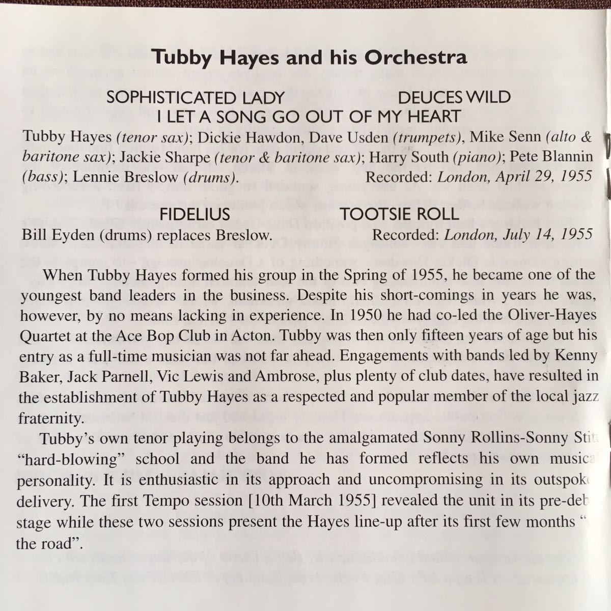 タビー・ヘイズ/TUBBY HAYES/英国ハード・バップ・テナー・サックス名手/ワンホーン・カルテット&ヒズ・オーケストラ/VOL.1/名盤/1955年_画像4