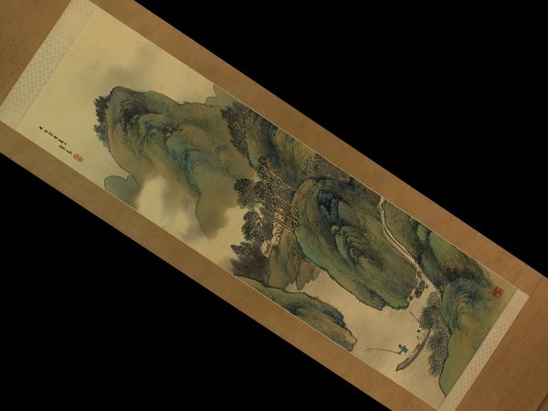 真作】岡田雪窓【青緑山水図】◇絹本◇合箱◇掛軸 w02008 真作】岡田雪窓【青緑山水図】◇絹本◇合箱◇掛軸 w02008
