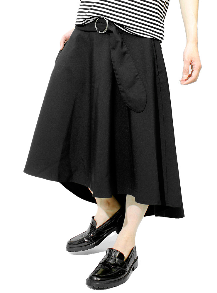 【お取り寄せ】 【新品】 F ブラック スカート メンズ ロング ワイド 無地 アシンメトリー デザイナーズ ベルト付きスカート 日本製 国産 サルエルパンツ