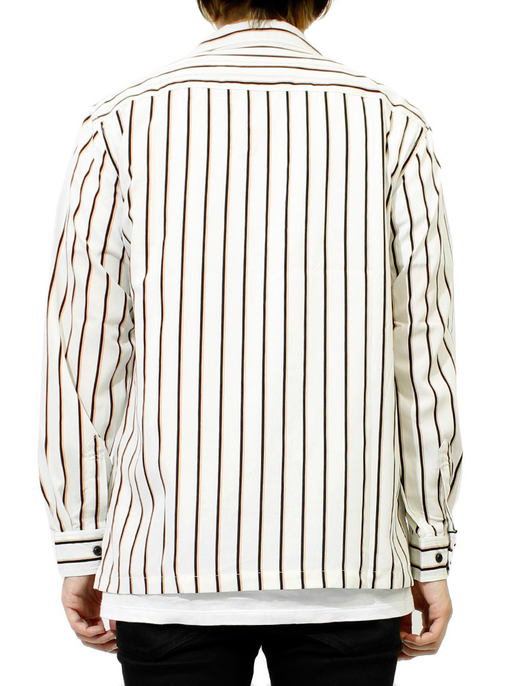 【新品】 M ホワイト シャツ メンズ オープンカラーシャツ ストライプ柄 プリント 開襟 長袖シャツ_画像2